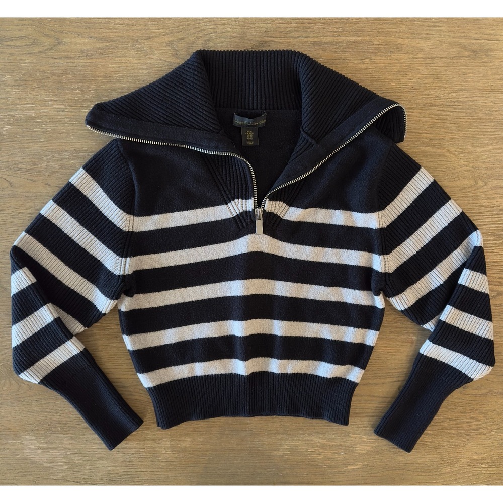 House of Harlow 1960-Stripe 1/4 Zip Pullover Sweater-High Neck-Black/Ivory-Sz XS